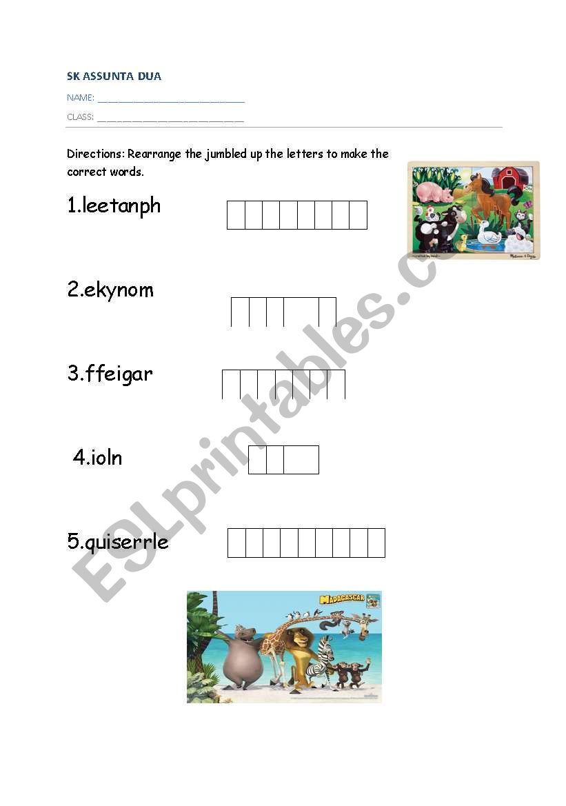 animals letters scramble worksheet