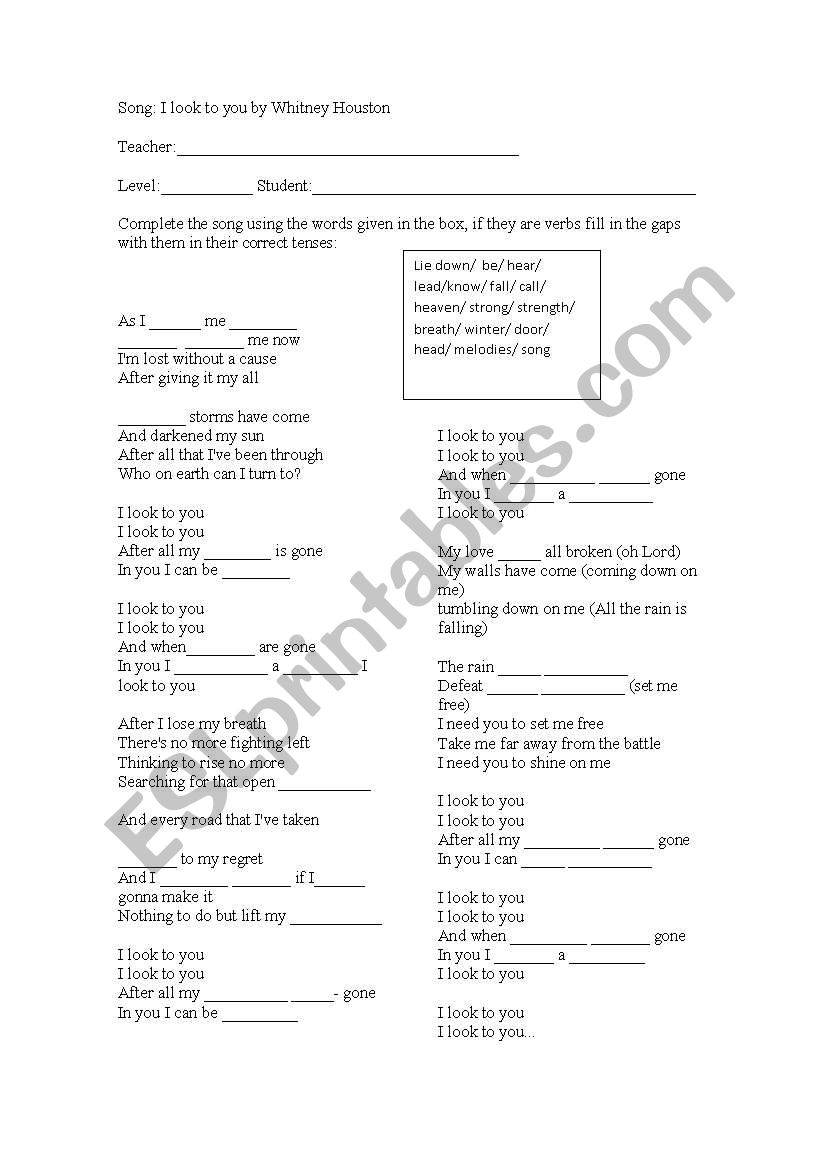 Song: I look to you worksheet