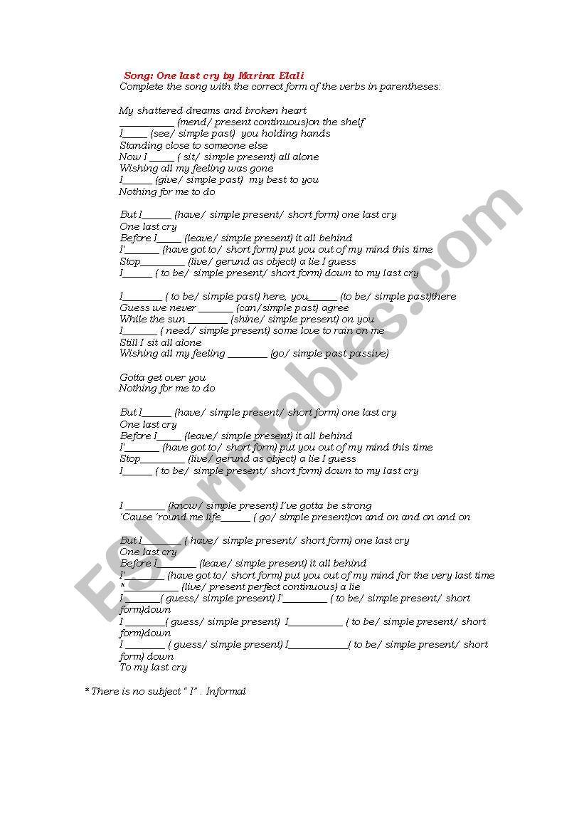 one last cry worksheet