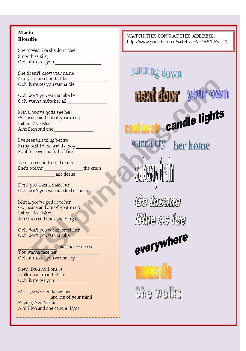 SONG: MARIA - BLONDIE worksheet