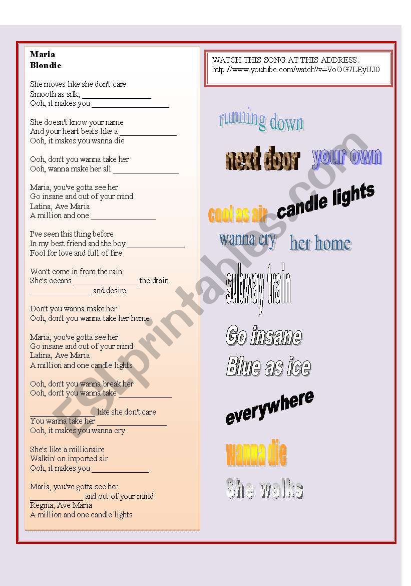 SONG: MARIA - BLONDIE worksheet