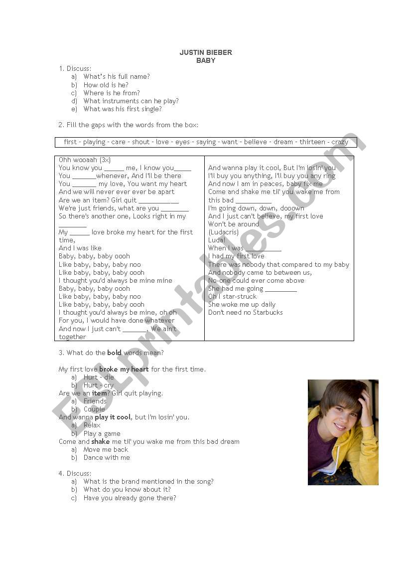 Justin Bieber - Baby  worksheet