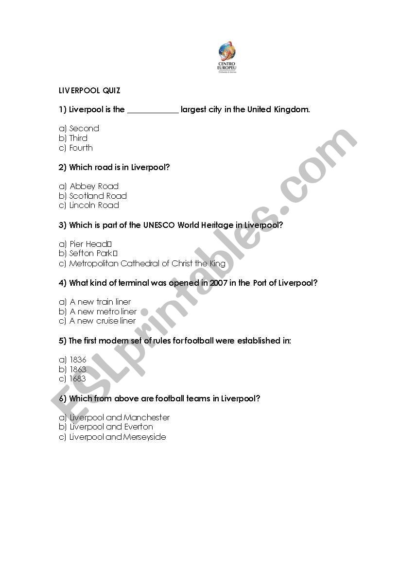 Liverpool Quiz worksheet