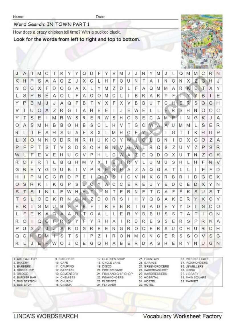 WORDSEARCH: IN TOWN PART 1 worksheet