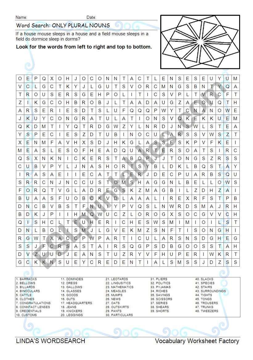 WORDSEARCH: ONLY PLURALS worksheet