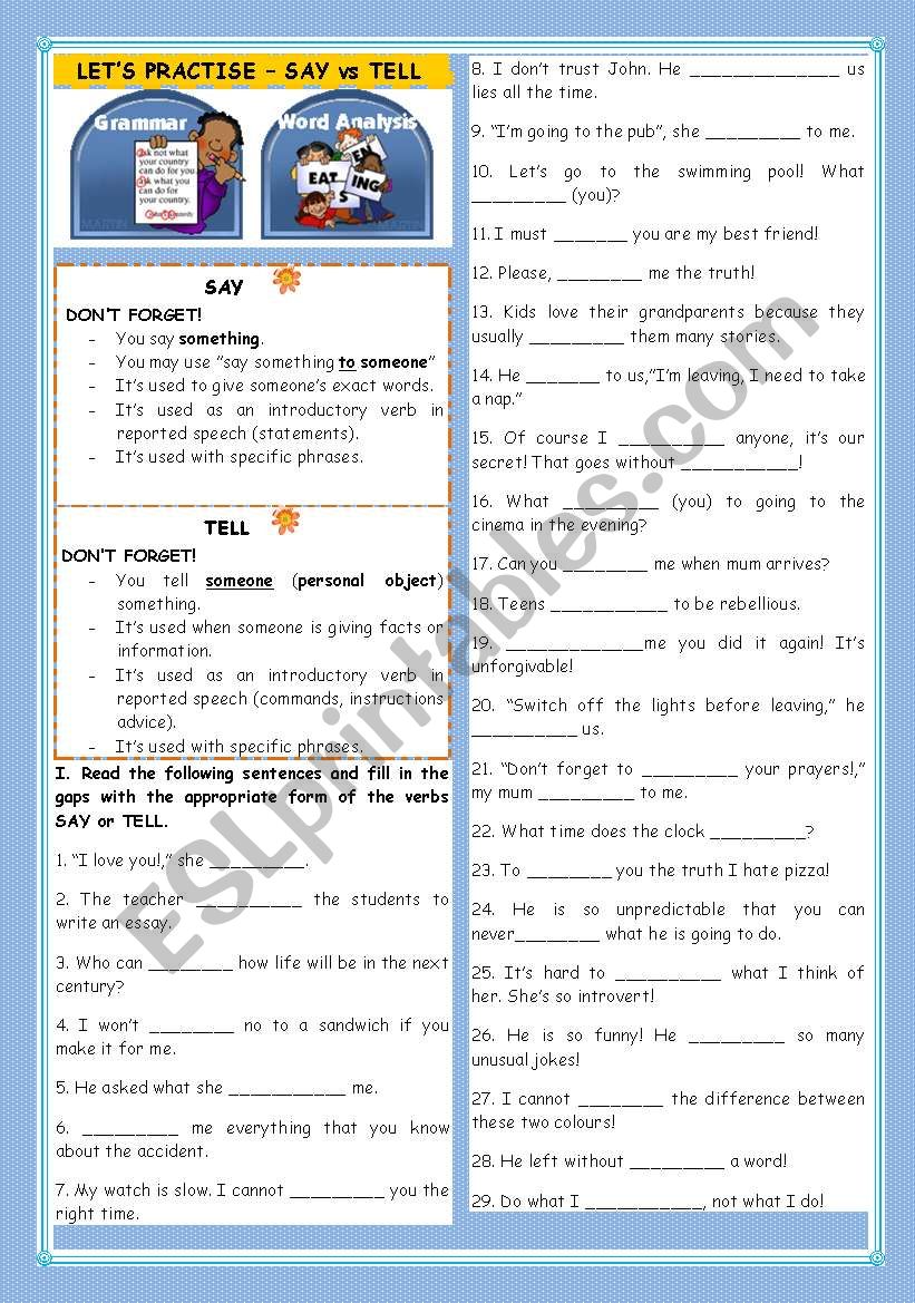 LETS PRACTISE : SAY vs TELL worksheet