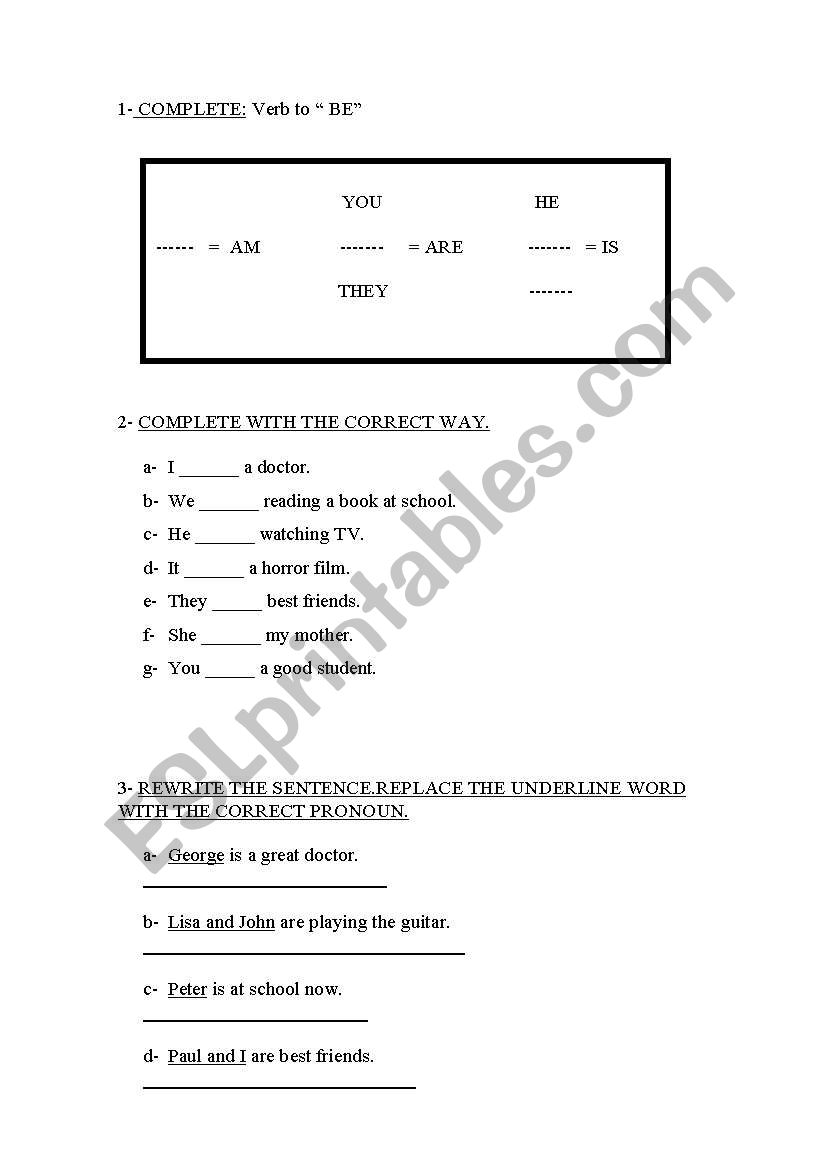 verb to be-pronouns worksheet