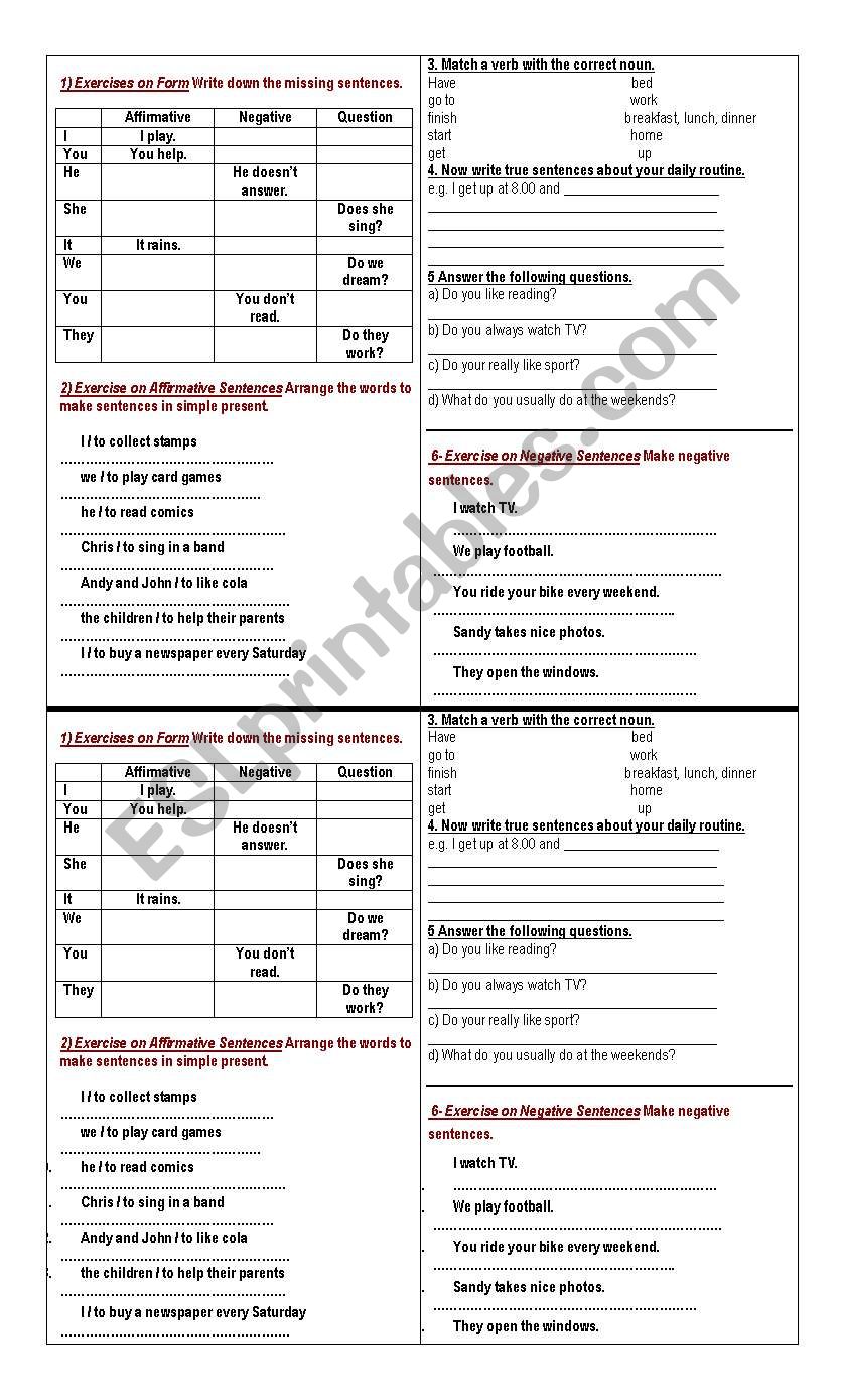 complementary excersises worksheet