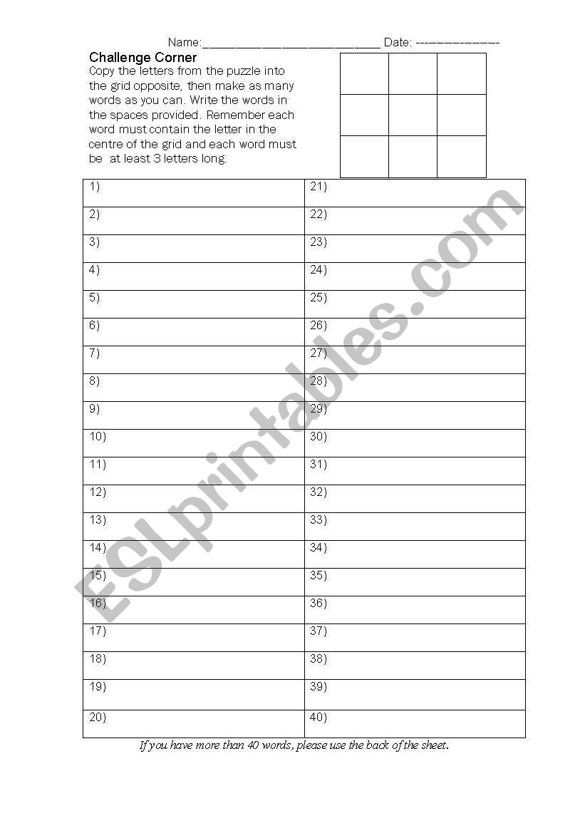 Challenge Corner worksheet