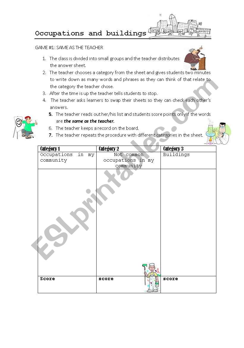 Vocabualry game -Occupations and buildings