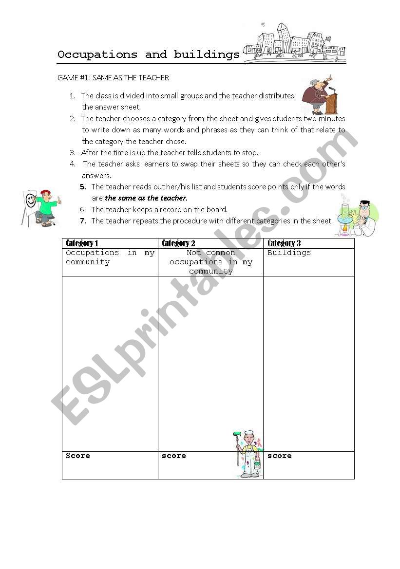 Vocabualry game -Occupations and buildings