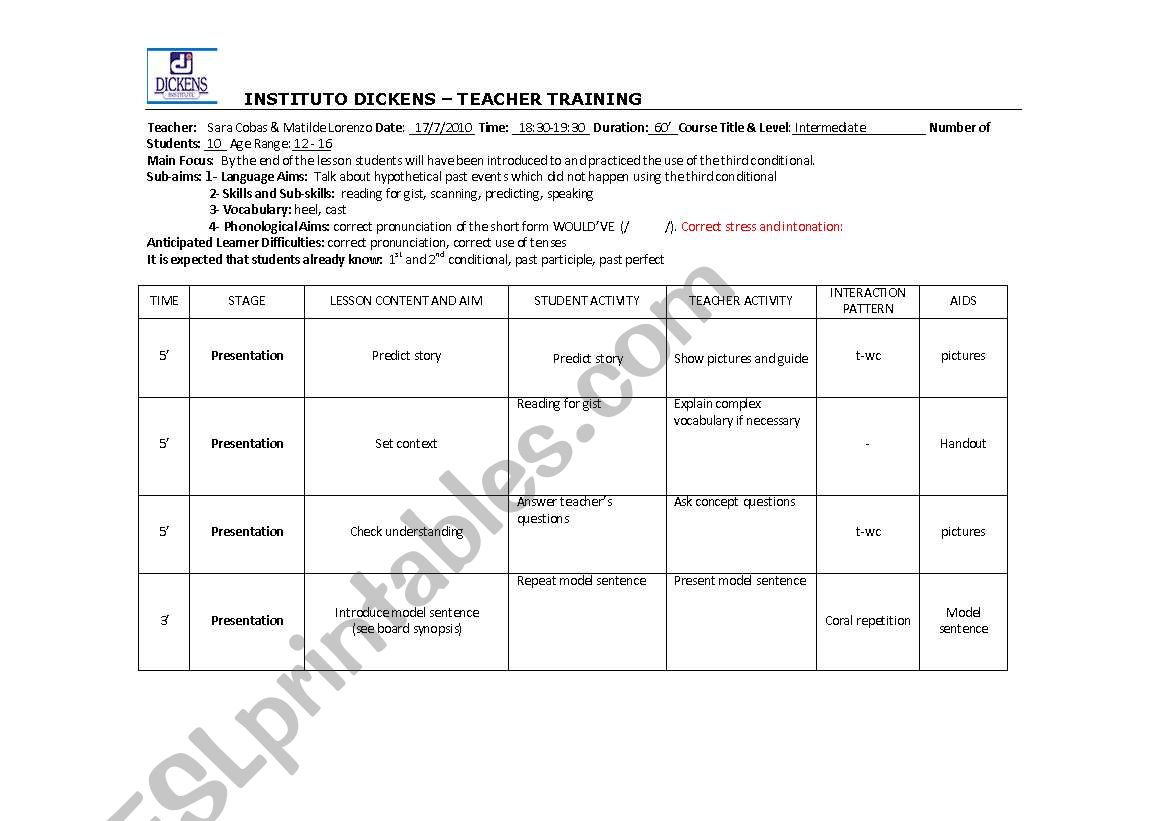 third conditional lesson plan worksheet