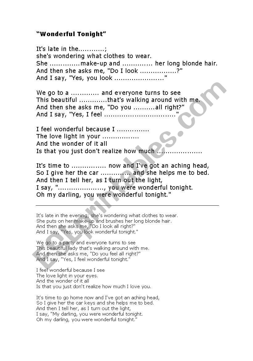 wonderful tonight - song worksheet