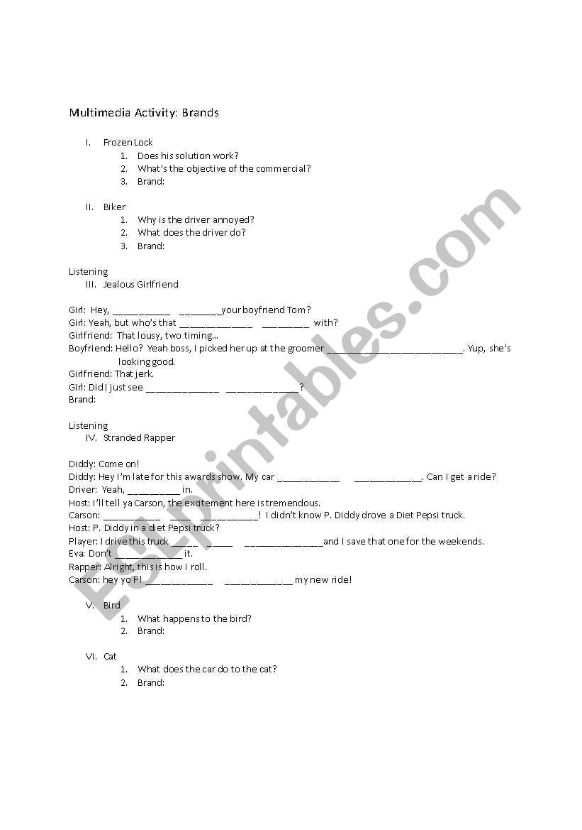 Car Commercials worksheet