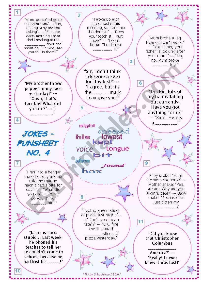 JOKES • FUNSHEET NO. 4 • BLACK & WHITE VERSION AND ANSWER KEY INCLUDED • FULLY EDITABLE • GOOD FOR ADULTS, TOO!!