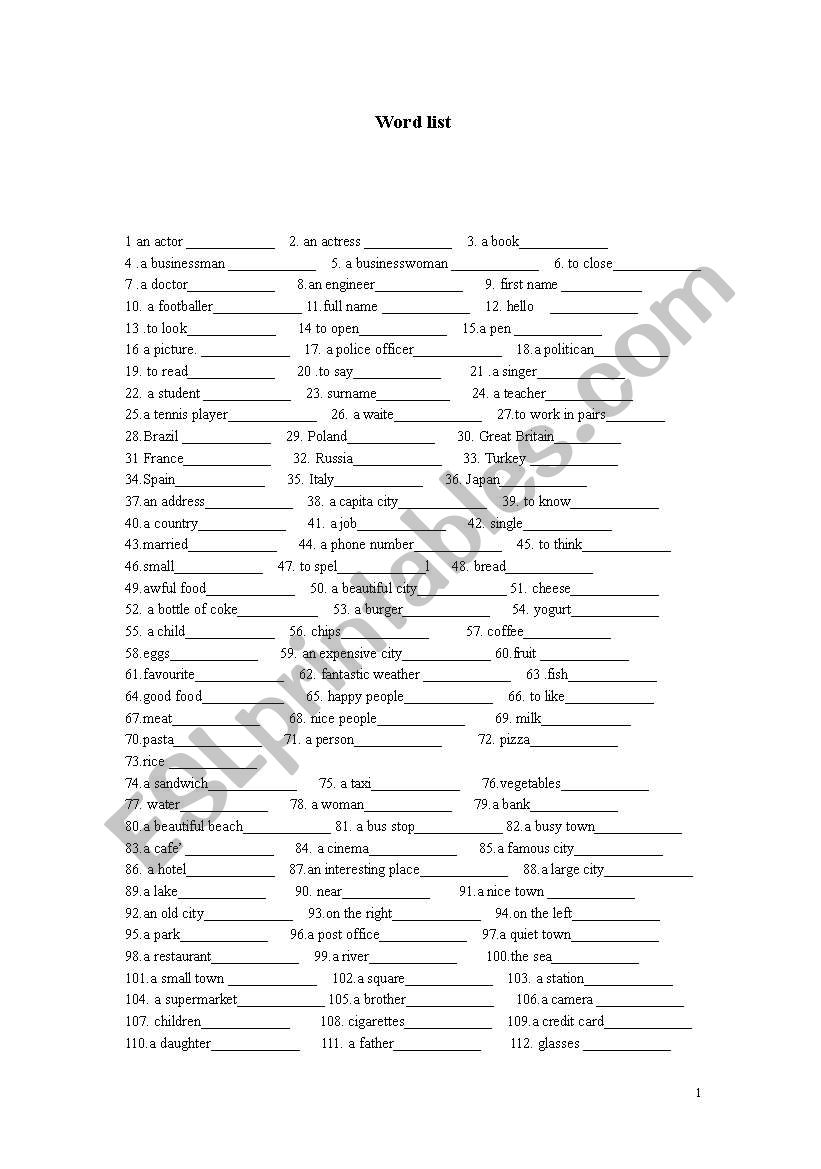 wordlist of nce worksheet