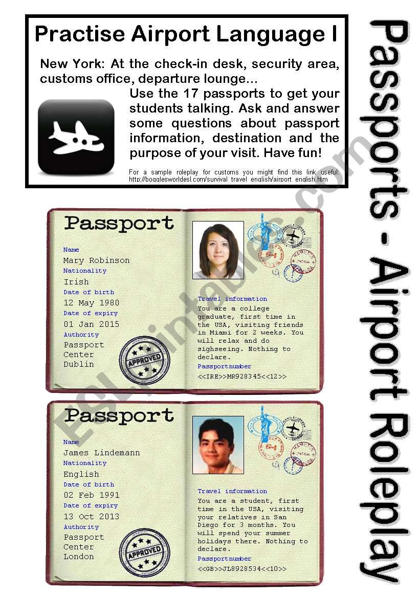 No.1 - AIRPORT/HOLIDAY LANGUAGE GAME - 17 Passports - Roleplay - Practise speaking at check-in, customs, waiting area