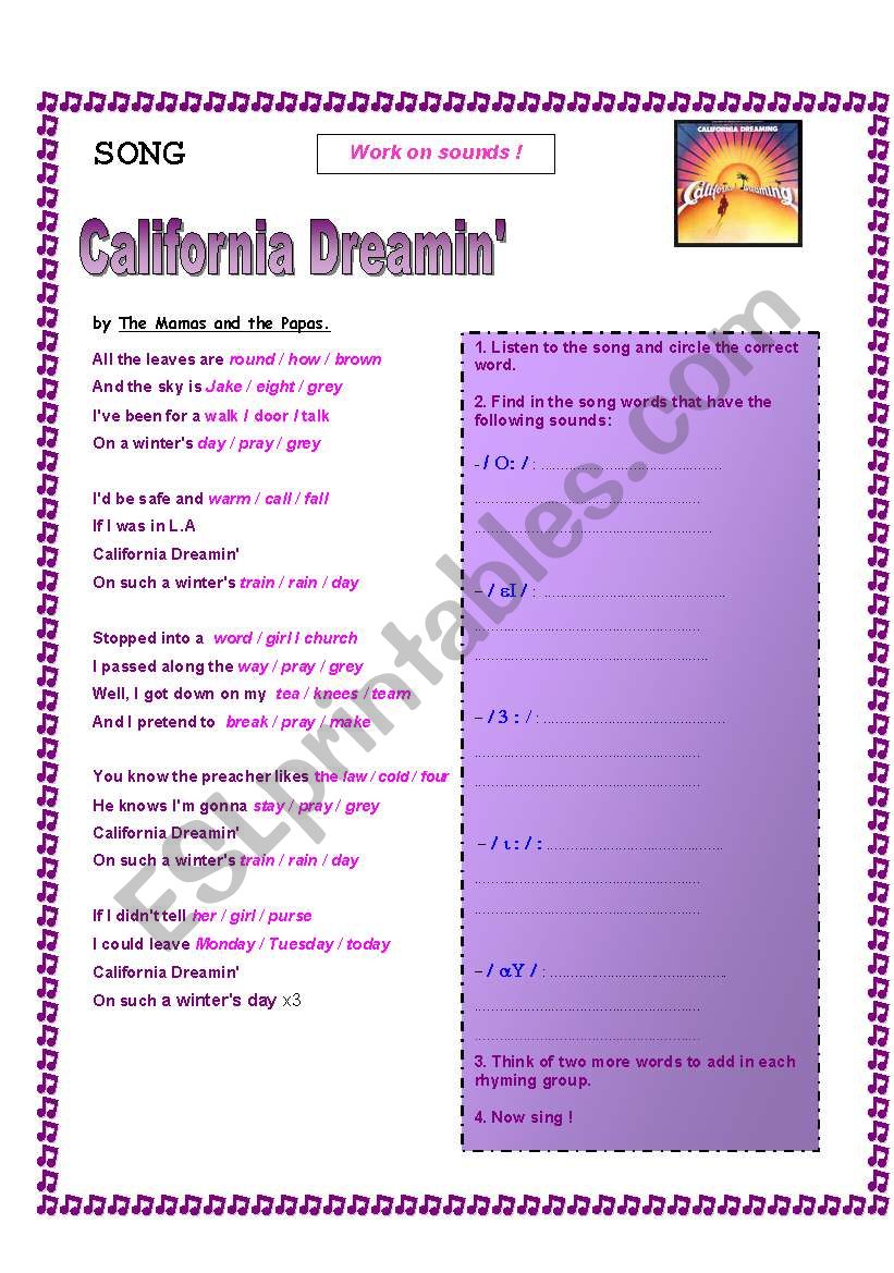 California Dreaming  worksheet