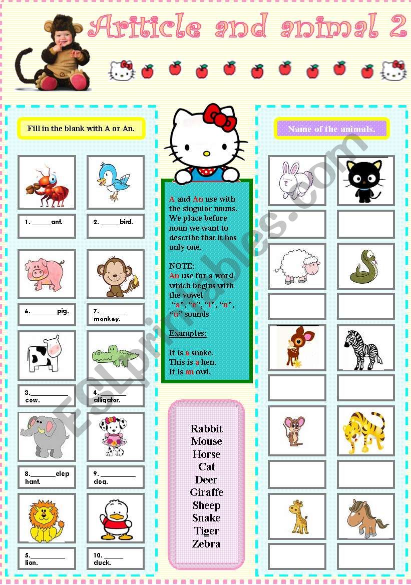 Article and animal2 worksheet