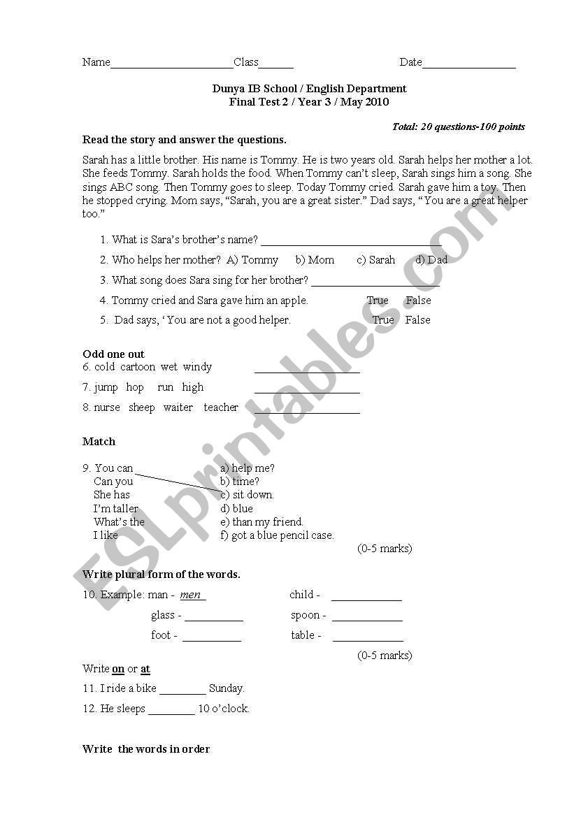 English worksheets reading and grammar test