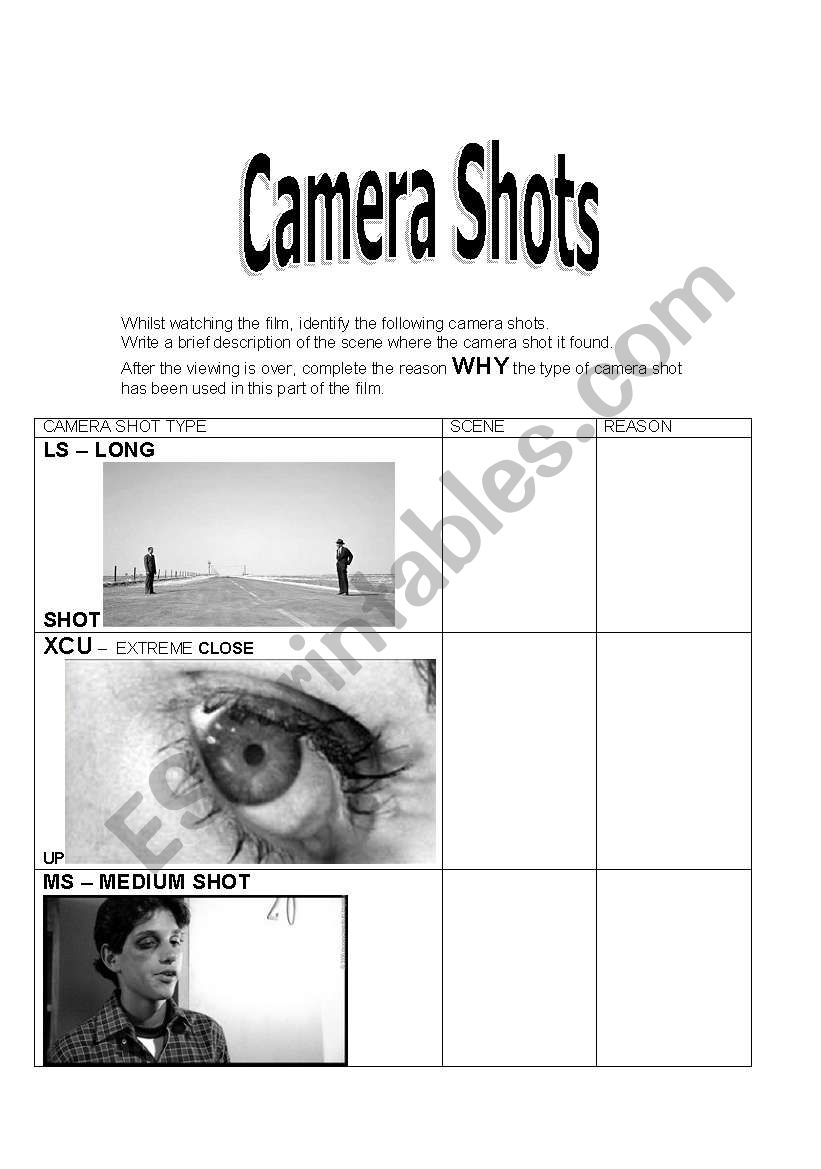 MEDIA - CAMERA SHOTS worksheet