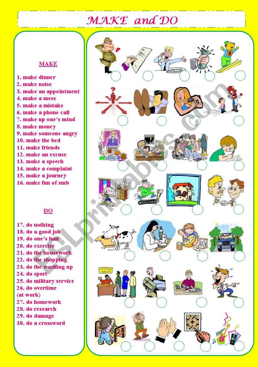 Make and Do Phrases+Matching worksheet