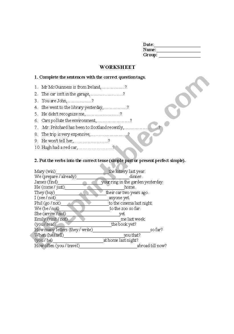 Questions tags worksheet