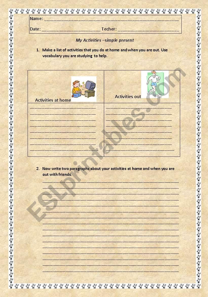 My home and out activities worksheet