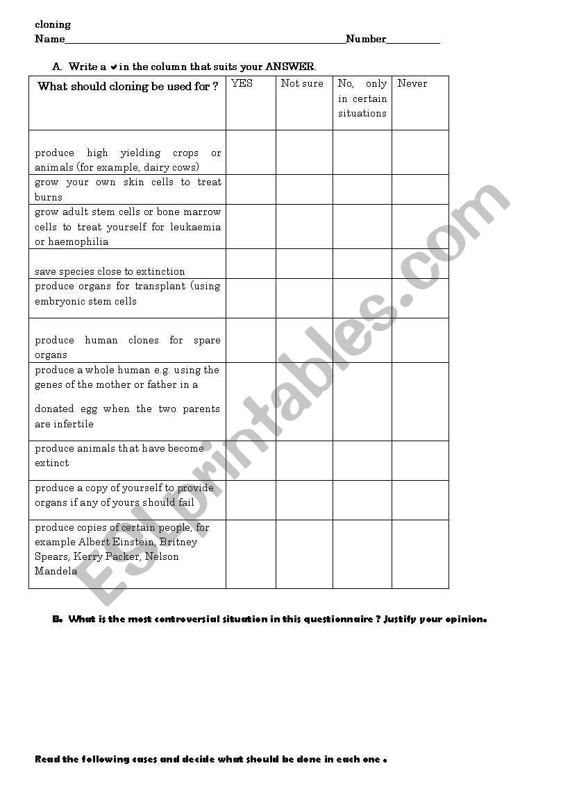 Exercise about cloning worksheet