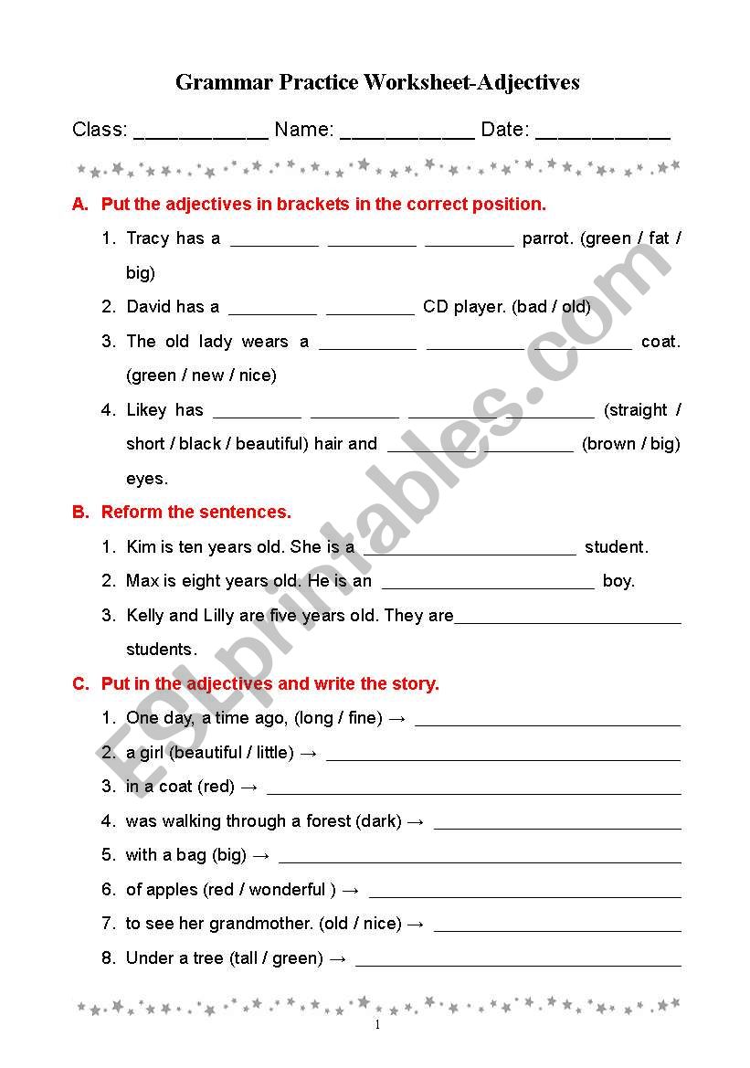 Grammar Practice Worksheet-Adjectives