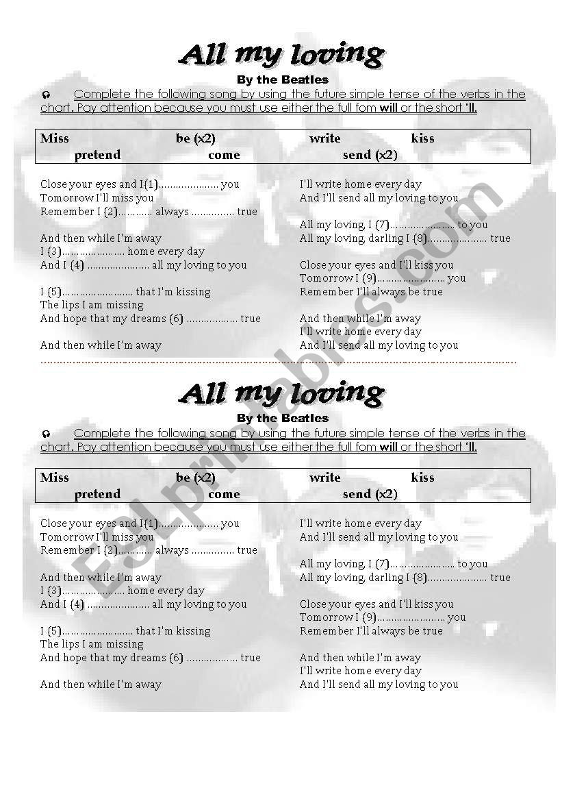 all my loving by the beatles worksheet