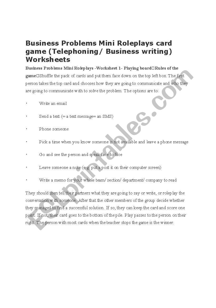 business problems role play worksheet
