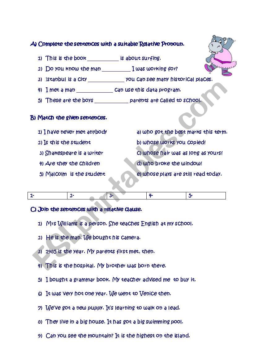 Revision worksheet including relative pronouns, as..as, too, enough, adjectives, verbs