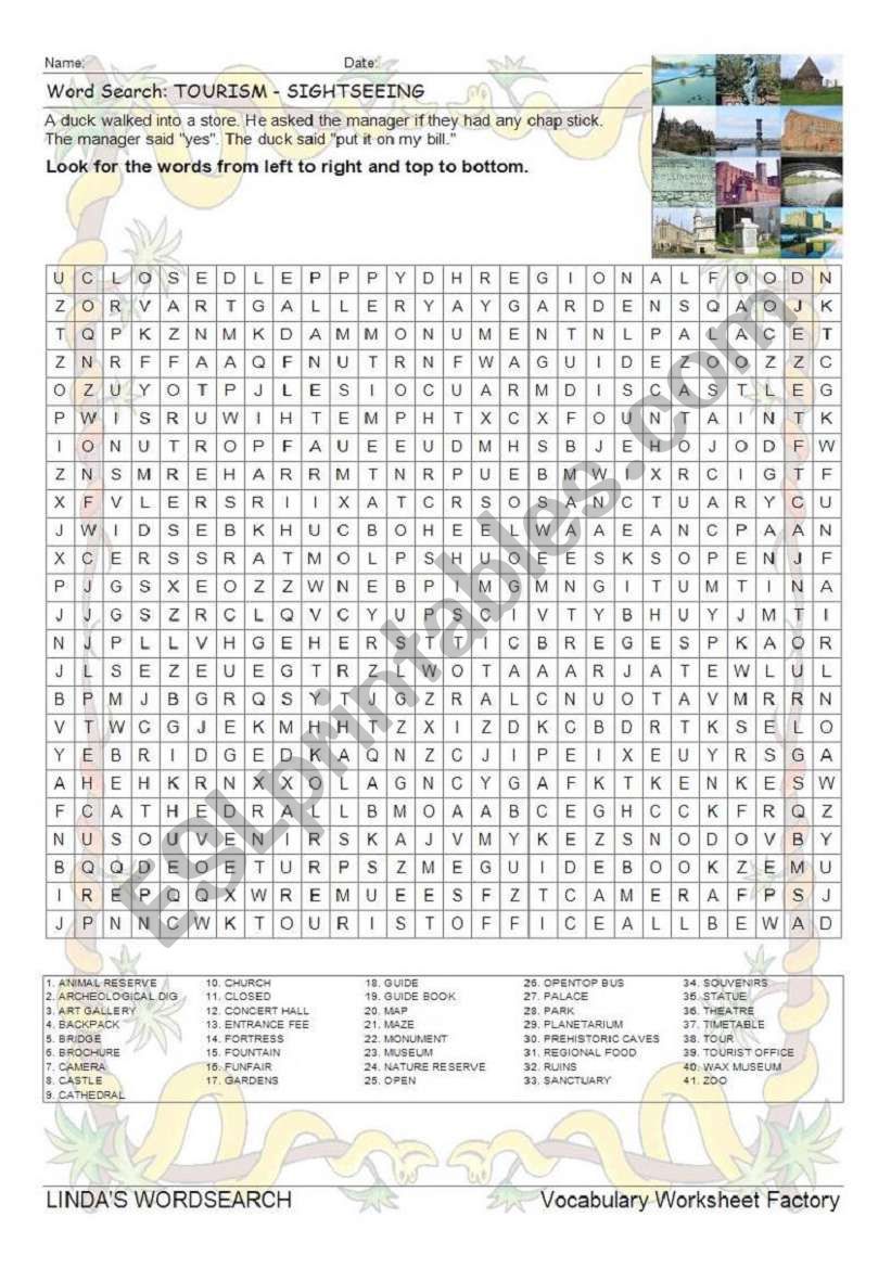 WORDSEARCH: TOURISM - SIGHTSEEING