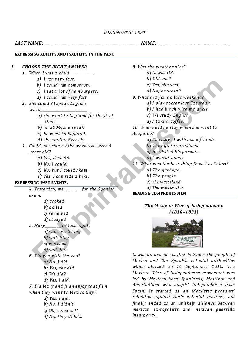 Diagnostic Test worksheet