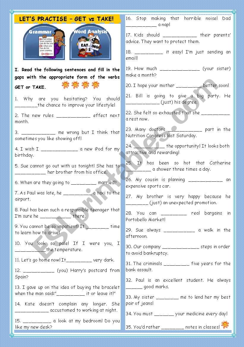 LETÂ´S PRACTISE : GET vs TAKE worksheet