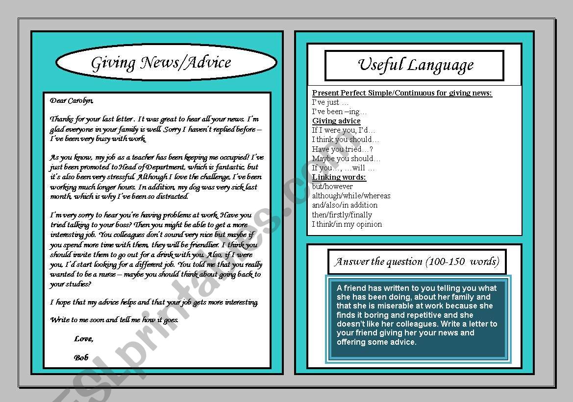 Informal letter giving news and advice (accompanies PowerPoint