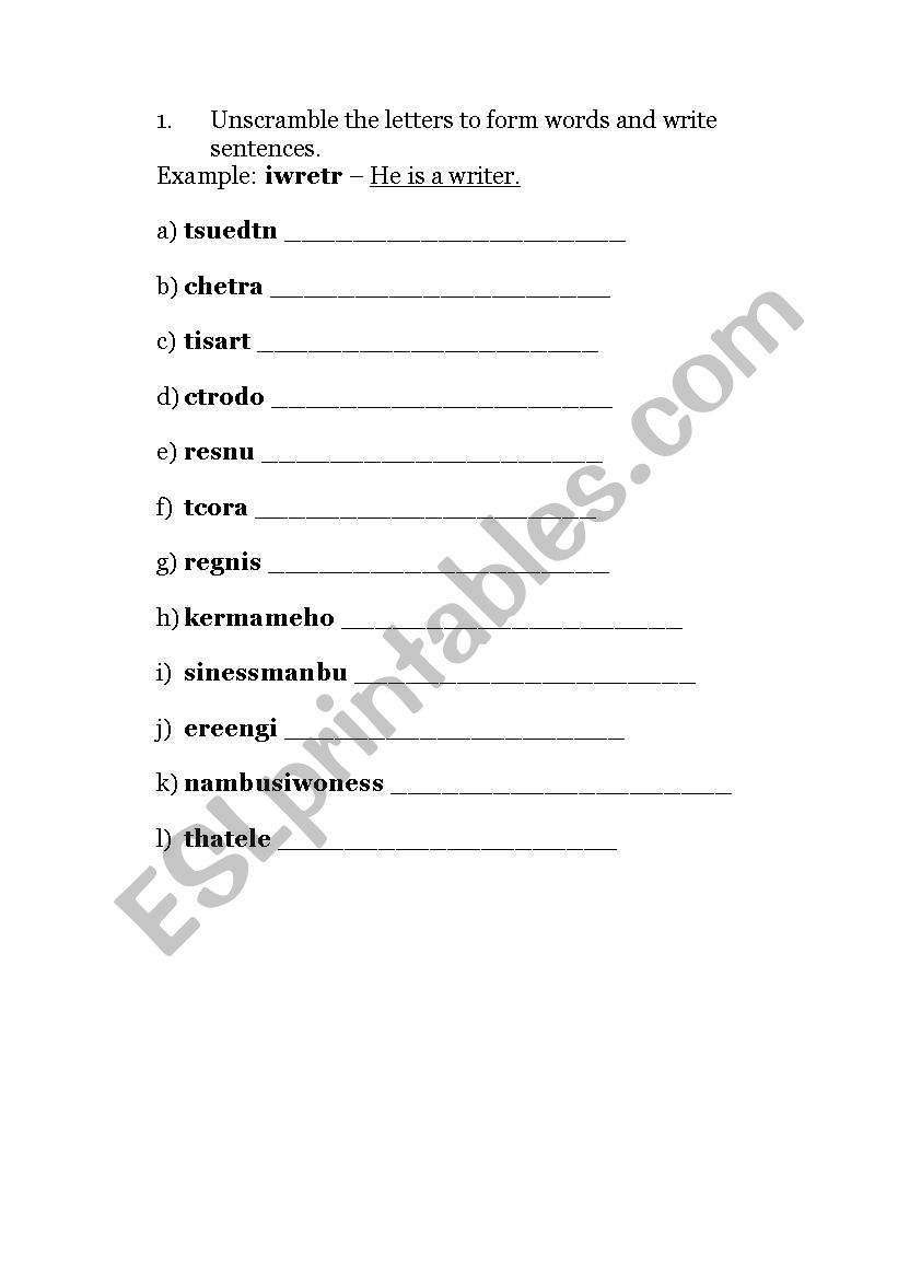 Occupations worksheet