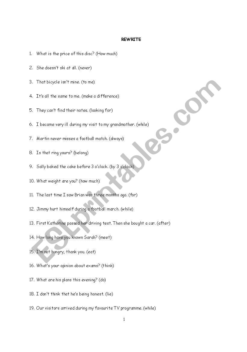 REWRITE THESE SENTENCES worksheet