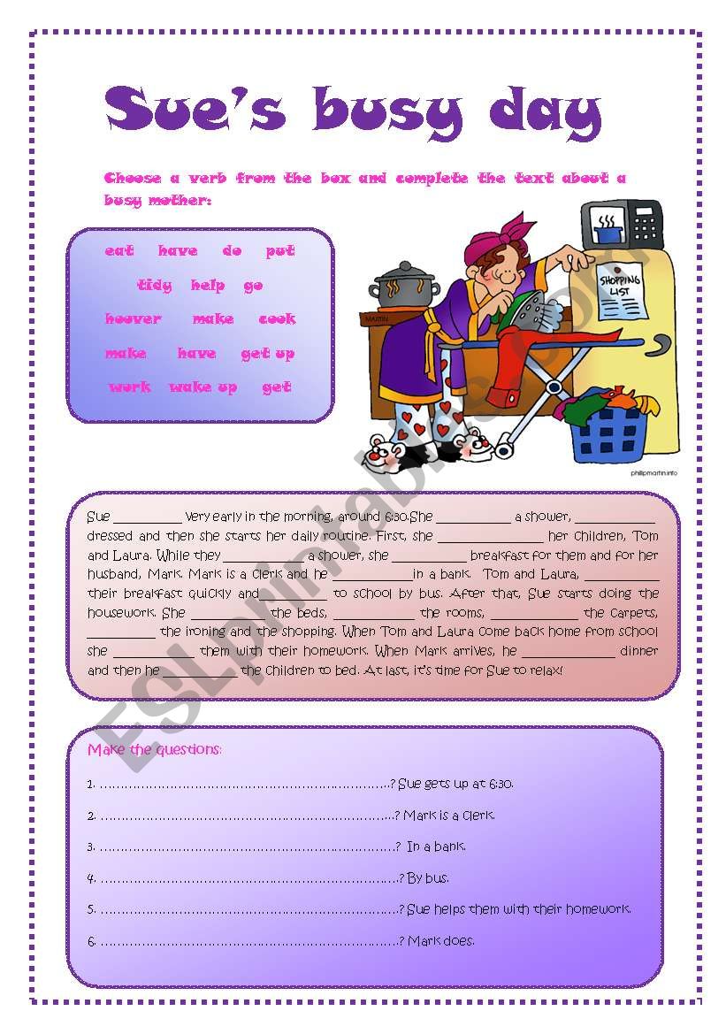 SueÂ´s busy day worksheet