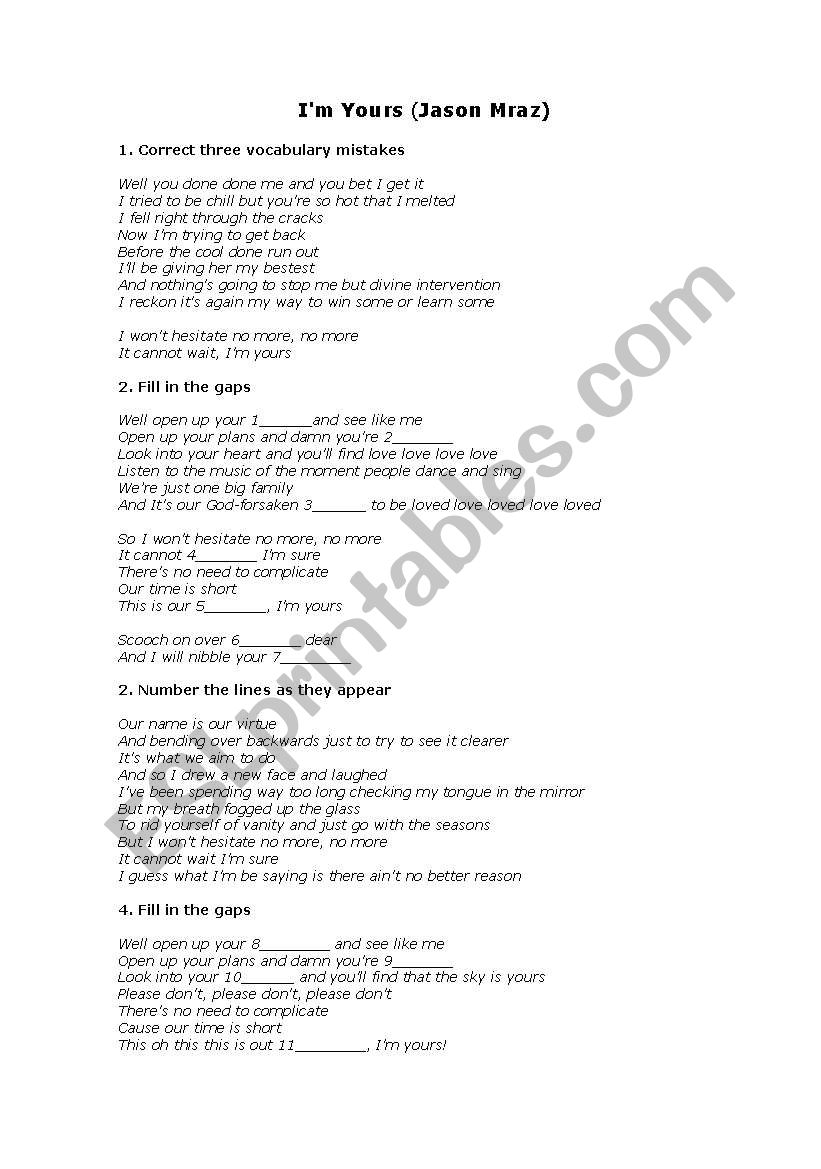 Im yours - Jason Mraz worksheet