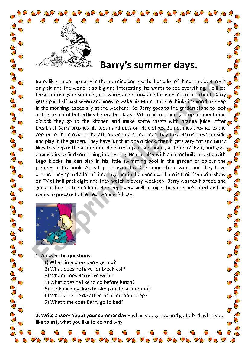 Barrys summer days worksheet