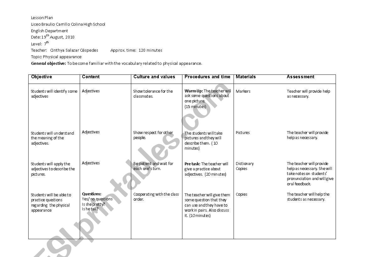 physical appearance worksheet