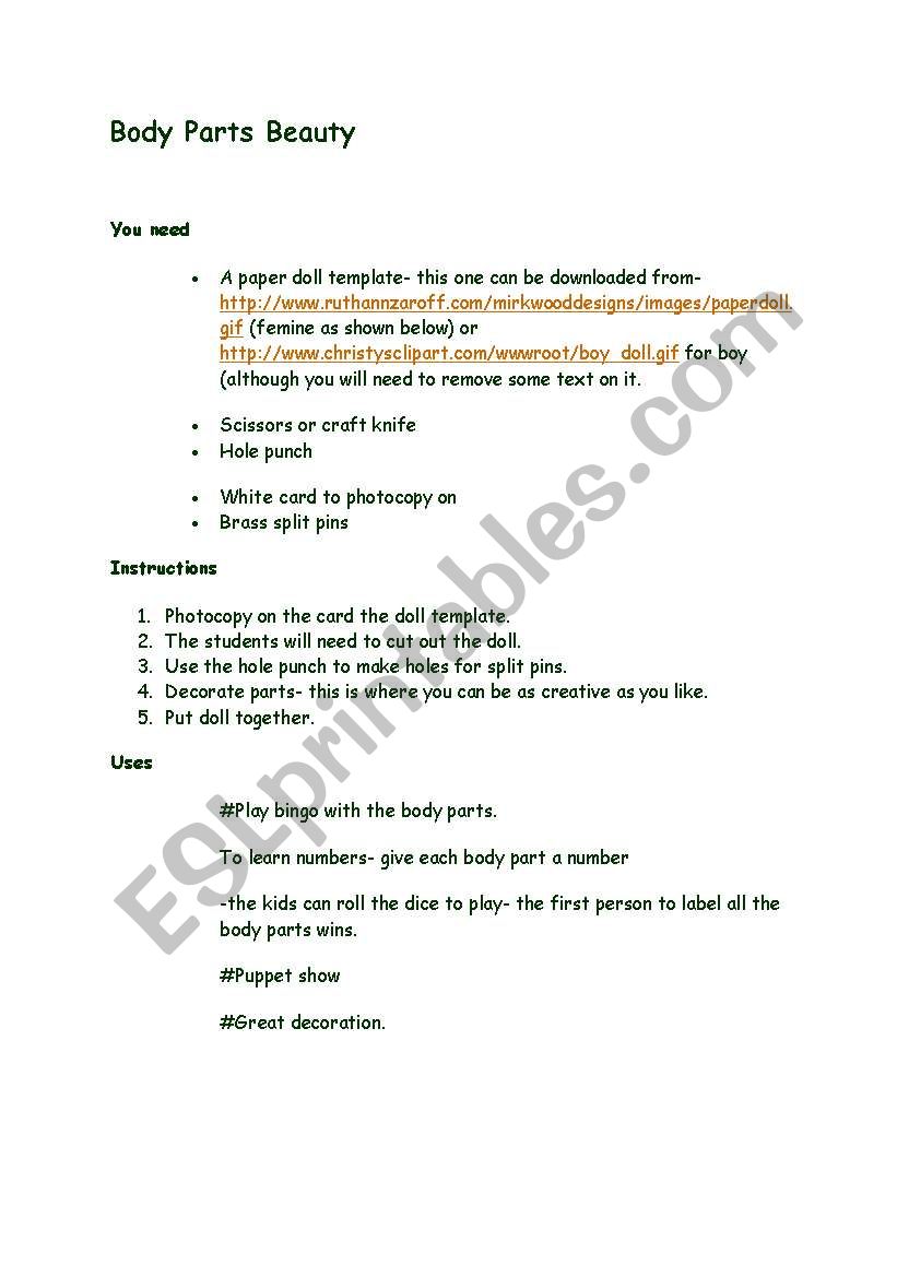 Paper Doll Body Parts worksheet