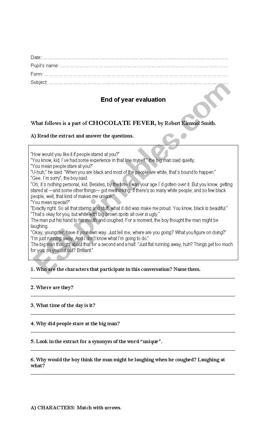 Chocolate Fever Test worksheet