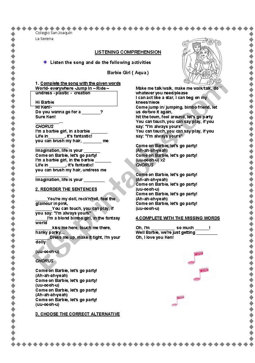 Song Barbie Girl worksheet