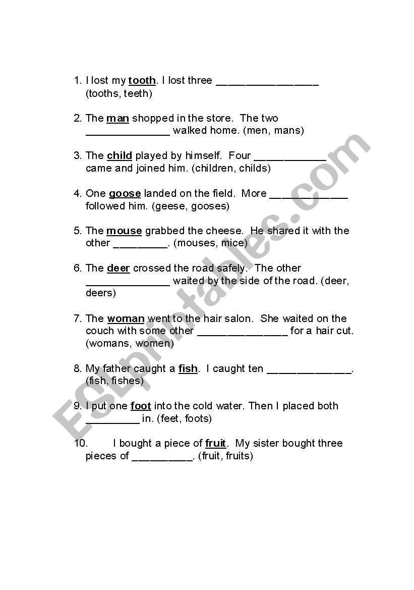 Irregular plural nouns worksheet
