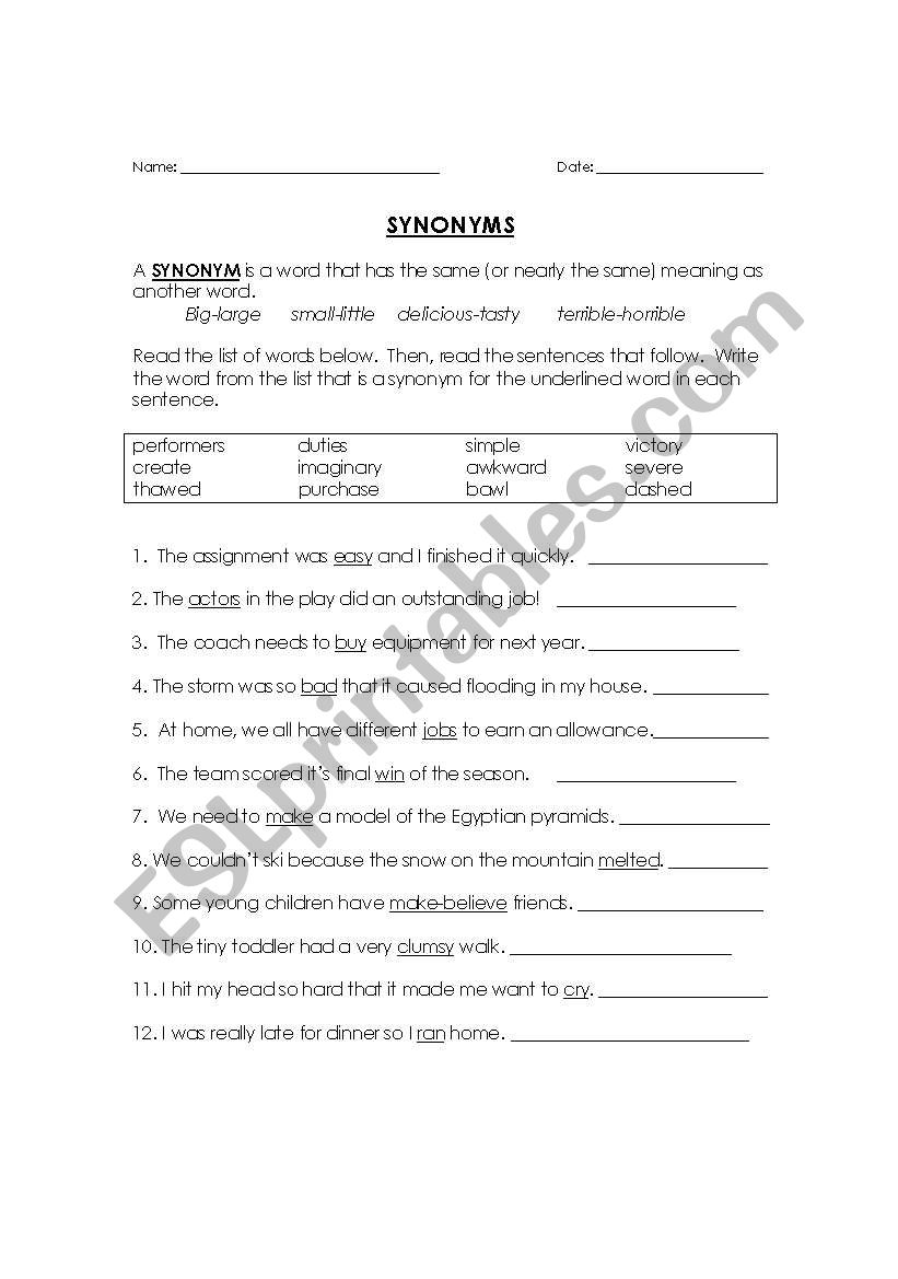 Synonyms worksheet