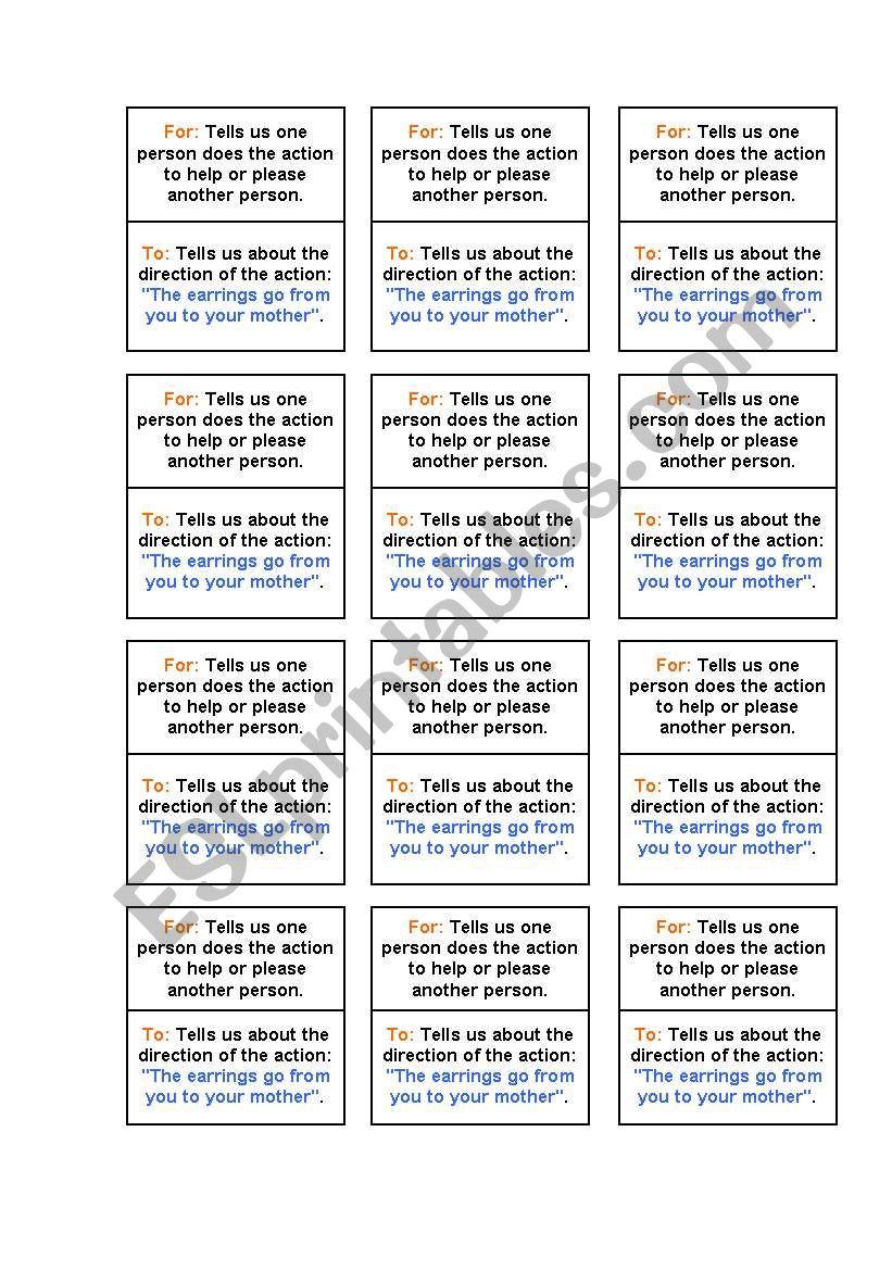 Difference between To and For worksheet