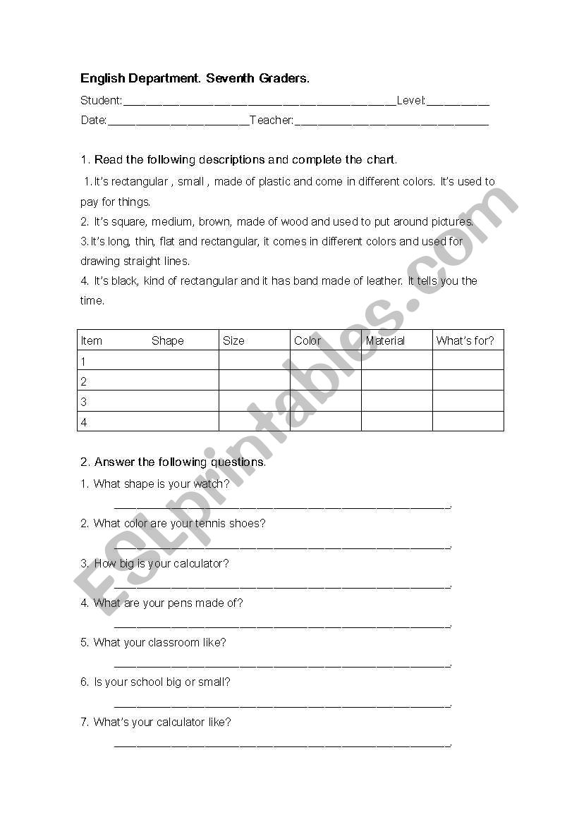 descriptions worksheet